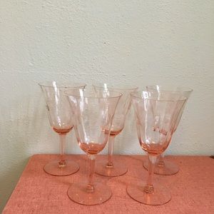 Set of 5 depression glass pink wine goblets vtg